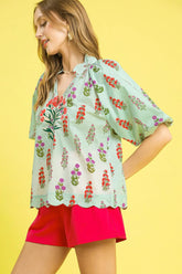 Floral Print Scalloped Hem Puff Sleeve Blouse Umgee